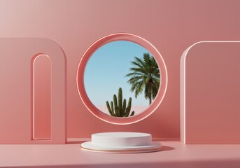 Poster - Minimal Desert Display with Palm Tree and Cactus Inside a Circle