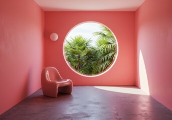 Poster - Interior View with Chair and Palm Tree Window