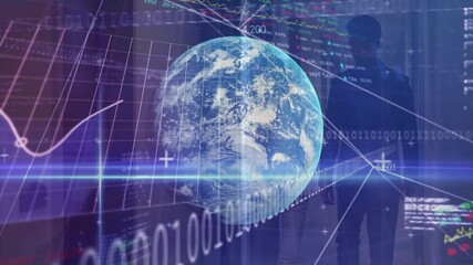 Poster - two colleagues reviewing finance data on platform, showing 3D Earth, line graphs, percent markers