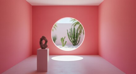 Poster - Interior Design with Sculpture and View of Cacti Through Round Window