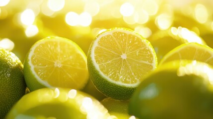 Poster - Fresh Limes in Radiant Light: A Zesty Citrus Display of Halved Fruits and Green Limes Bathed in Warm Golden Hues