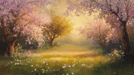 Poster - Serene spring orchard bathed in warm light with blossoming trees and a flower-filled meadow, depicting a scene of tranquility and