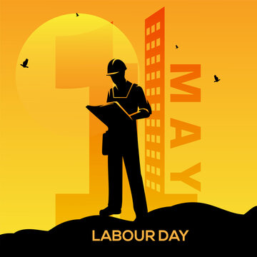 Happy International Labor Day background design with a building. Worker day abstract background art vector. 1st May Day celebration background design template. Construction Site Workers Day.