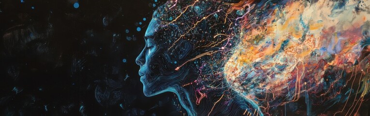 Poster - A mystical depiction of a man's profile filled with ethereal light and cosmic energy, a symbolic portrait of the mind and the soul