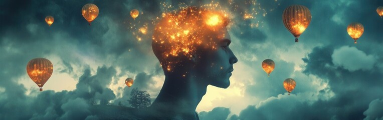 Poster - Dreamscape Portrait of a Man Amidst Floating Hot Air Balloons and Ethereal Mind
