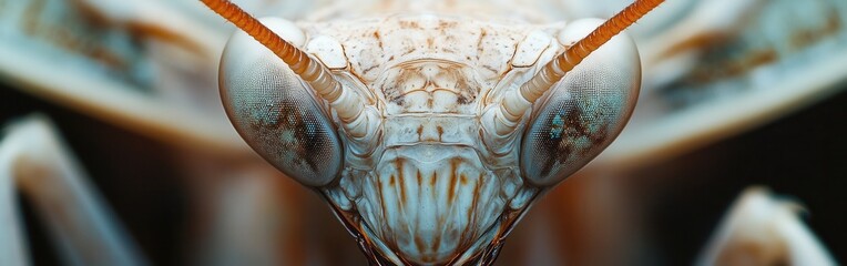 Intricate Close-Up of Praying Mantis Face with Large Compound Eyes and Detailed Texture