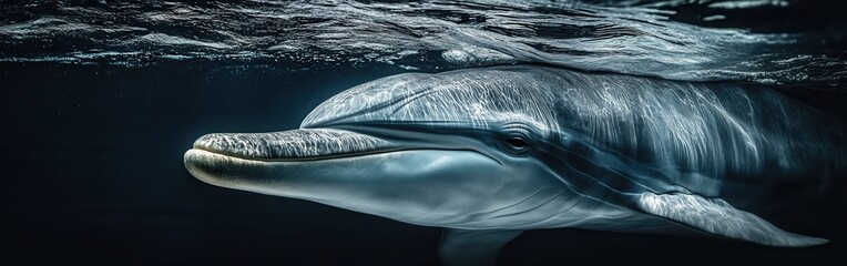 Poster - Underwater Dolphin Portrait with Textured Skin and Calm Water Surface, Close-Up