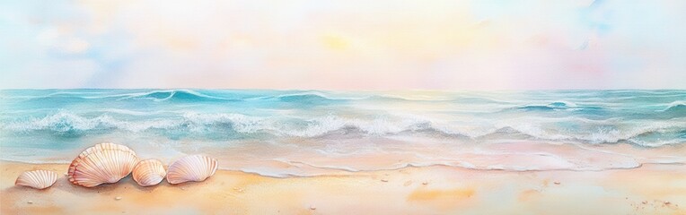 Aufkleber - Watercolor painting of a tranquil beach scene featuring seashells, gentle waves, soft pastel sky, and warm sand, evoking a sense o