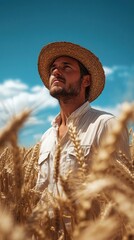 Poster - Farmer in wheat field looking up at sky - handsome man in straw hat - agriculture, harvest, summer, nature, rural, hopeful