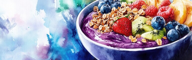 Aufkleber - Watercolor Painting of a Vibrant Smoothie Bowl with Fresh Fruits and Granola - Artistic Food Illustration