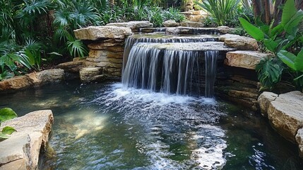 Poster - Tranquil Waterfall Oasis: Crystal Clear Water Cascading Over Natural Rock Formation in Lush Green Garden Setting