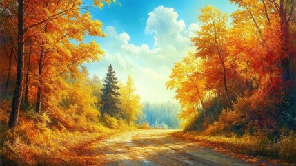 Poster - Serene Country Road Under Autumn Sky, Lined with Colorful Trees, Creating a Scenic and Peaceful Natural Environment