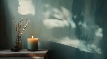 Fototapete - Candlelight still life with amber candle and dried grass against a textured turquoise wall in soft sunlight