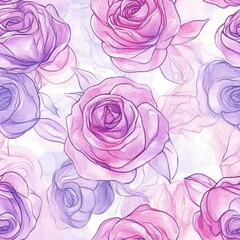 Aufkleber - Watercolor Roses Background: Delicate Floral Pattern in Pink and Purple Hues