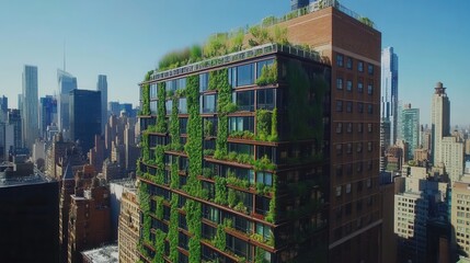 Aufkleber - Urban building adorned with vertical gardens, showcases innovative green living architecture, integrated flora, modern design, sus