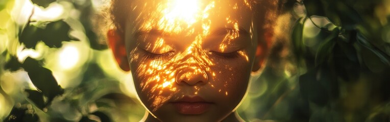 Aufkleber - Serene Child's Face Bathed in Sunlight Filtering Through Foliage for Peaceful, Dreamlike Imagery