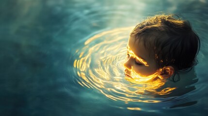 Poster - Serene Child Bathed in Golden Light, Floating in Calm Water, Symbolic of Innocence and Spiritual Awakening