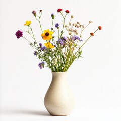 Aufkleber - Small ceramic vase filled with colorful wildflowers on a white background showcasing floral arrangement and summer nature.