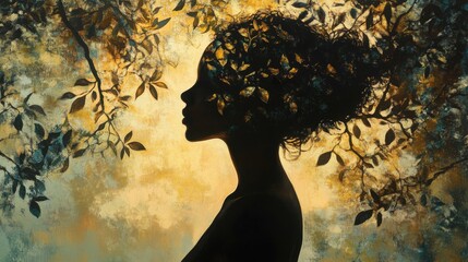 Poster - Ethereal Silhouette of a Woman Merging with Nature - Artistic Portrait with Botanical Elements