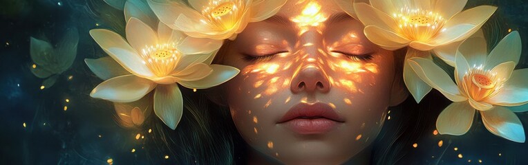 Poster - Glowing woman face with closed eyes surrounded by serene lotus flowers with a mystical feel.