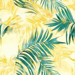 Poster - Watercolor Tropical Leaf Pattern: Vibrant Yellow and Teal Palm Fronds for Seamless Summer Background