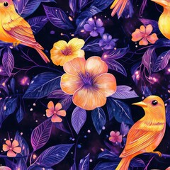 Poster - Radiant Watercolor Jungle Pattern with Golden Birds and Colorful Exotic Flowers on Dark Background