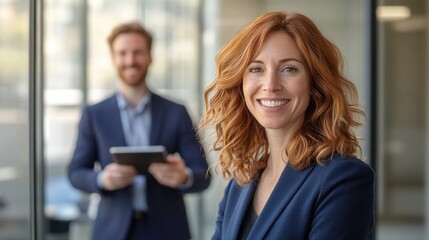 Aufkleber - Professional woman with auburn hair smiles confidently in a modern office setting, with a colleague holding a tablet in the background.