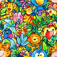 Poster - Whimsical Watercolor Jungle Pattern with Playful Cartoon Animals and Lush Foliage for Children's Designs