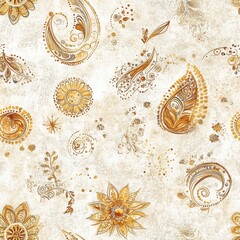 Poster - Ornate vintage beige background with boho golden floral and paisley pattern, vintage fabric wallpaper backdrop with old grunge texture
