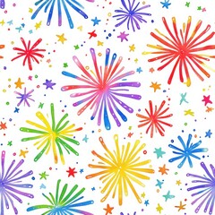 Leinwandbilder - Festive Watercolor Fireworks and Stars Seamless Pattern on White Background for Celebrations and Festive Occasions