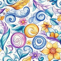 Aufkleber - Whimsical Watercolor Floral Pattern with Swirls, Leaves, and Hand-Painted Details for Textile and Background Design