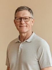 Poster - Portrait of a confident middle-aged man with glasses and gray hair, wearing a collared shirt in front of a neutral background