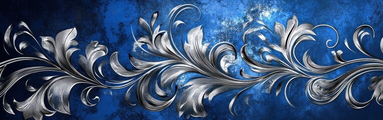 Poster - Silver Flourish on Royal Blue Grunge Background: Elegant Decorative Scroll Design for Luxury Invitations and Ornate Wallpaper