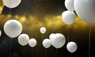 Poster - White balloons ascending through gold confetti from above aerial celebration made with Generative AI technology