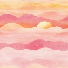Aufkleber - Gentle Watercolor Pattern of Abstract Mountains and Sun in Pastel Shades of Pink, Peach, and Gold