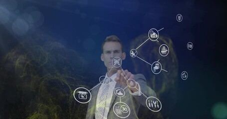 Poster - Male professional touching cloud sync interface in technology workspace, showing analytics charts