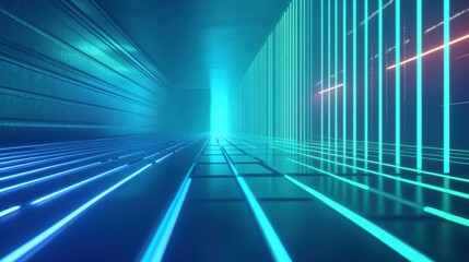 Aufkleber - Futuristic Tunnel with Glowing Blue Neon Lines and Perspective Grid for Tech and Sci-Fi Designs