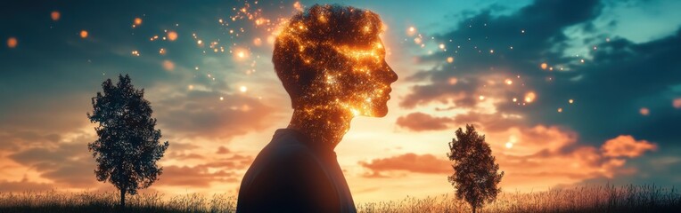 Poster - glowing mind: silhouette of a man's head filled with golden light, standing in a dreamy landscape at
