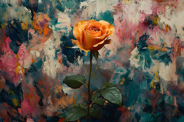 Poster - A single peach-toned rose against a vibrant abstract background.