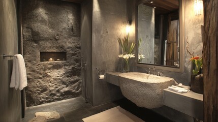Poster - Elegant bathroom with gray stone walls, natural stone sink, modern lighting, and minimalist design