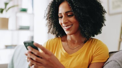 Poster - Woman, happy and typing with phone on sofa for dating site chat, social media post and text message response. Home, african person and smartphone for internet search, email notification and streaming