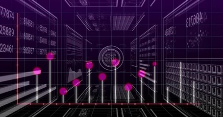 Poster - Central circular HUD rotating within 3D data room, featuring floating panels and rising neon nodes
