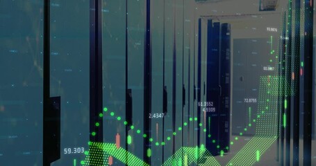 Poster - Holographic finance wave being shown through server hallway, displaying candlestick bars and labels