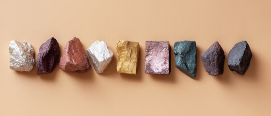 Aufkleber - row of colorful metallic mineral elements arranged on beige background, showcasing variety of textures and hues