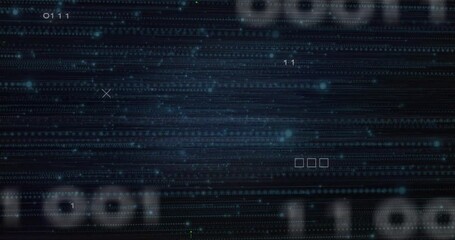 Poster - Streaming binary code flowing across navy flat interface, showing glowing dots and matrix icons