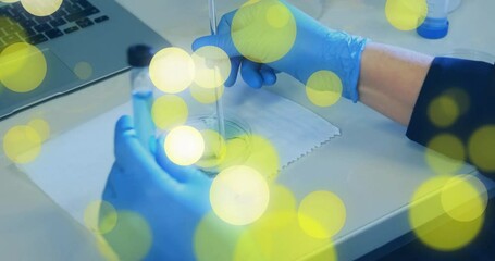 Poster - Animated 3D render showing gloved hands using pipette transferring blue solution into petri dish