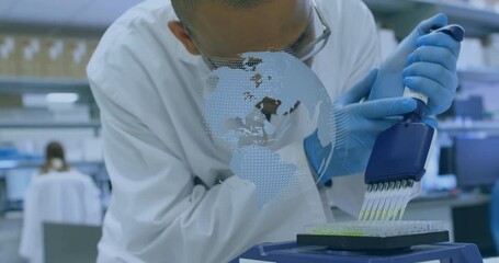 Poster - Scientist dispensing green liquid into 96-well plate, showing digital globe overlay in biotech lab
