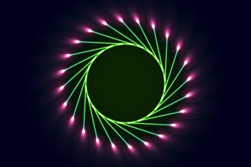 Fototapete - Glowing neon green and purple spiral rays abstract futuristic tech background. Vector design
