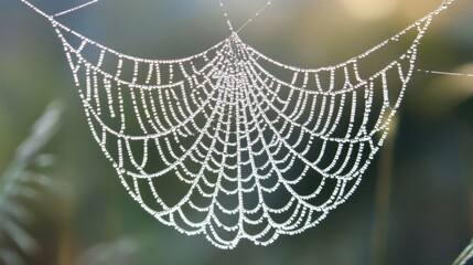 A series of delicate, dew-covered spider webs glistening in the morning sunlight, symbolizing small, beautiful moments of joy.