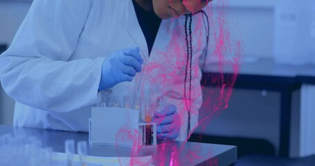Poster - Lab technician pipetting liquid into test tubes in science lab, with animated data bars floating